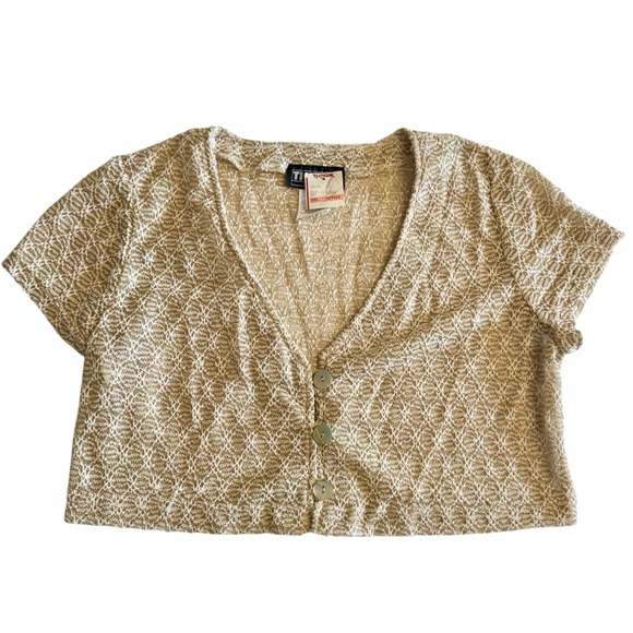 VINTAGE Shrug / Crop Cardigan Sz 9/10 (M / L) Tan White Y2K Boho Festival *NWT* - Picture 1 of 8